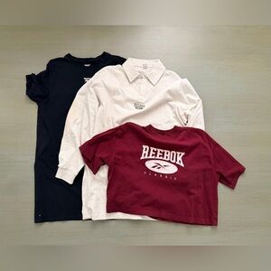 Reebok Lot- Two T-shirt Dresses, One Maroon and White Logo Oversized Crop Tee